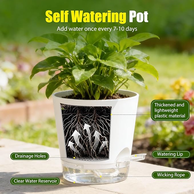 Plant Pots 7 Inch Self Watering Pots, 6 Pack Plastic Planters with Drainage Holes and Clear Saucers,Plastic Flower Pots for Indoor Out Door Plants(White)