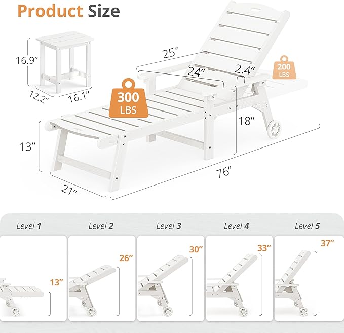 LUE BONA Chaise Lounge Chair with Table, 6-Piece, HDPS Chaise Lounger, 5 Positions Adjustable Lounge Chairs, Pool Lounge Chair with Wheels for Poolside, Backyard, White