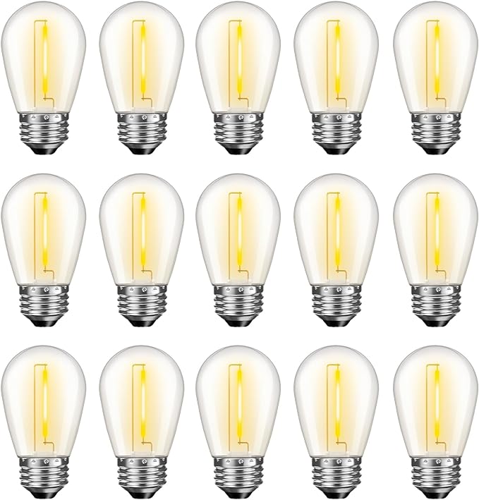 LED S14 Replacement Light Bulbs for Outdoor String Lights, 1W Shatterproof Edison Light Bulbs for Outside Patio Garden, E26 Standard Base, Dimmable, 2200K Warm White, 15 Pack