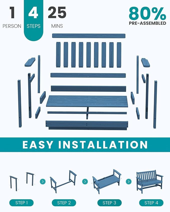 SERWALL Outdoor Bench, HDPE Outdoor Benches Weatherproof, 2-Person Garden Bench with 660 lbs Weight Capacity, Patio Benches for Outdoors, Garden, Porch, Backyard and Park, Navy, 4 Pack