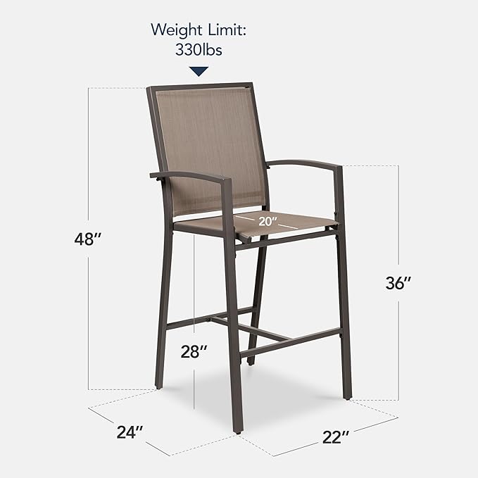 Best Choice Products Outdoor Bar Stools Set of 2, Bar Height, Patio Furniture, All Weather Mesh Design w/Armrest - Brown/Brown