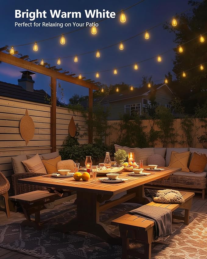 Brightown 151FT Solar String Lights Outdoor Waterproof with Remote, 48+2 LED Shatterproof Bulbs, Dimmable & Timable, 3 Light Modes - Commercial Grade Patio Lights for Garden Backyard Party Decor