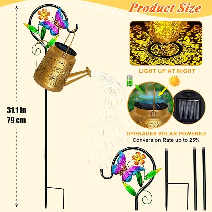 Butterfly Solar Watering Can Lights, Outdoor Waterproof Garden Lanterns with Shepherd Hook, Solar Garden Decor for Yard Outdoor Landscape Pathway, Gift for Women Mom Grandma,Christmas Gifts, 2 Pack