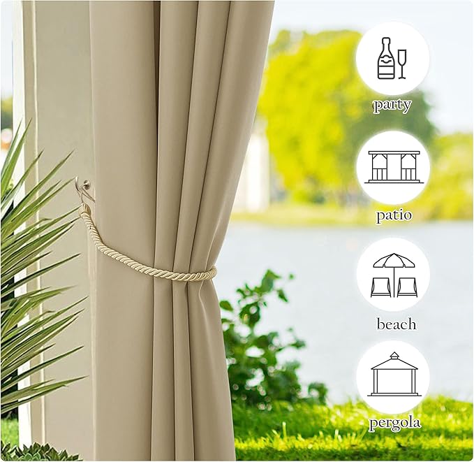 NICETOWN 2 Panels Outdoor Curtains for Patio Waterproof, Stainless Steel Grommet Indoor Outdoor Vertical Outside Weatherproof Drapes for Front Porch & Canvas, W55 x L84, Taupe