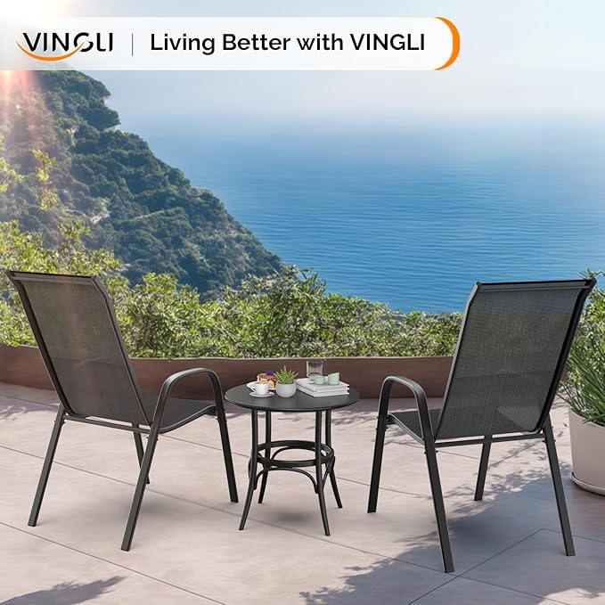 VINGLI 4 Pack Stackable Outdoor Bar Chairs – High Back Sling Chairs with Armrests, Ideal for Lawn, Courtyard, Bar, Black