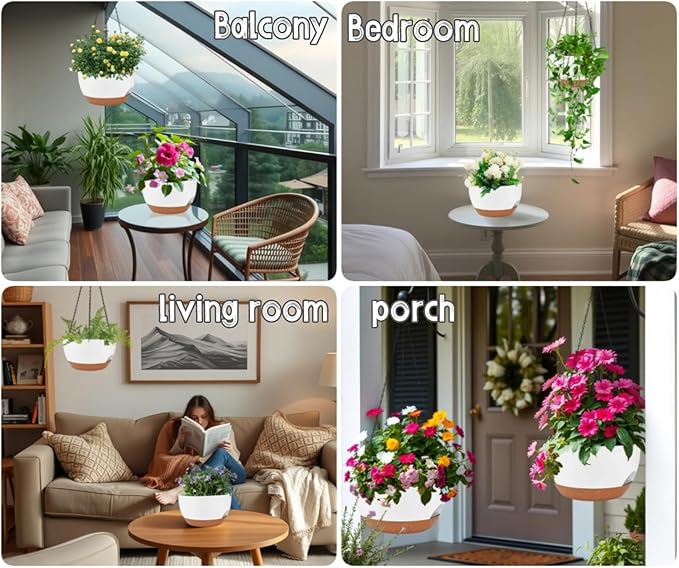 2 Pack 12 Inch Self Watering Hanging Planters for Indoor Plants, Large White Brown Plastic Hanging Pots with Chains for Outdoor Patio Garden Home Decor White Brown