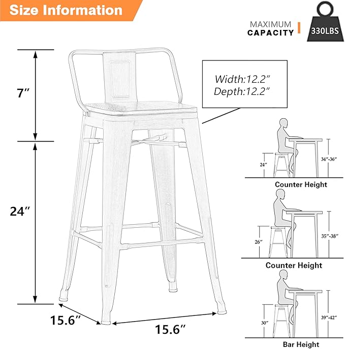 Yongchuang 24 inch Barstools Set of 4 Counter Height Bar Stools Farmhouse Kitchen Metal Bar Chairs with Wood Seat Low Back Silver