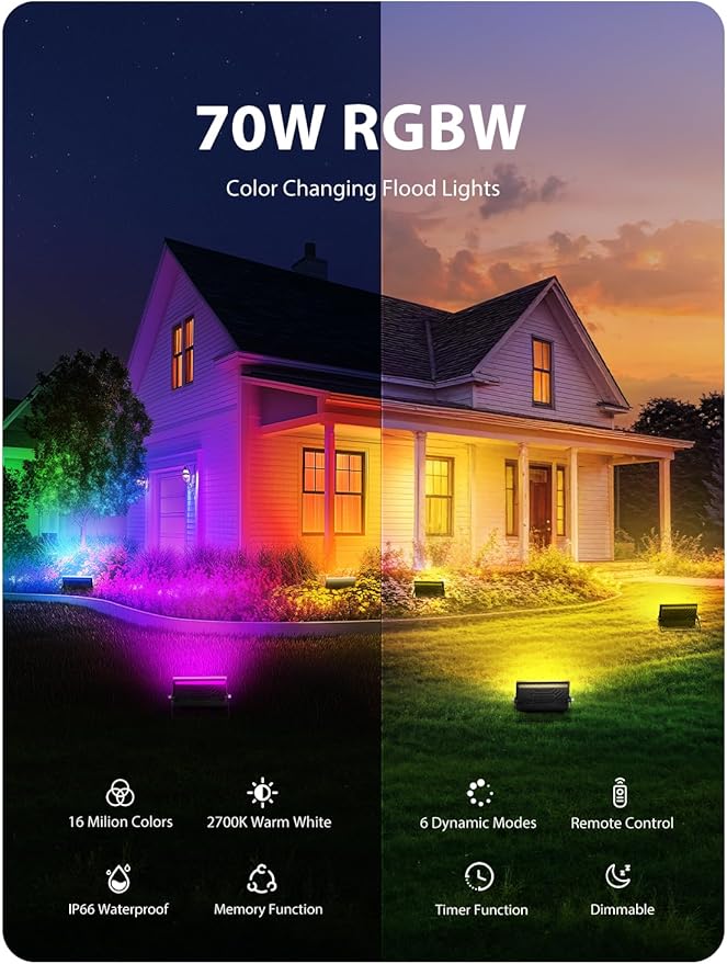 Onforu LED Flood Light Outdoor 700W Equiv, 70W Color Changing RGBW 2700K Floodlight with Remote, Stage Lighting Uplights for Events, IP66 Uplighting Outdoor Spotlight Floor Light for Halloween 4 Pack