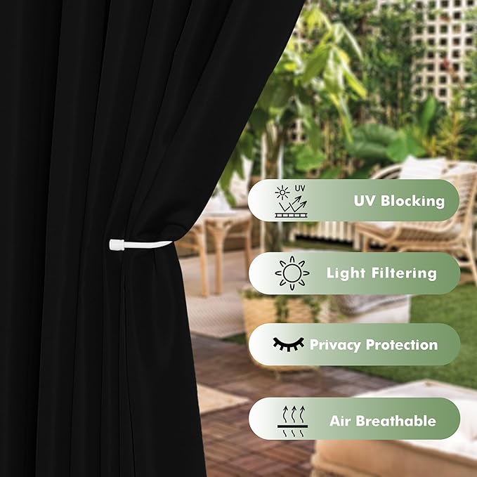 HolidayIdeas Outdoor Curtains for Patio Waterproof, 8 Panels - 54x84 Inches - Weatherproof Privacy Outsides Curtains for Cabana Porch Pergola, Sunlight & UV Blocking (Black, Grommet Top)