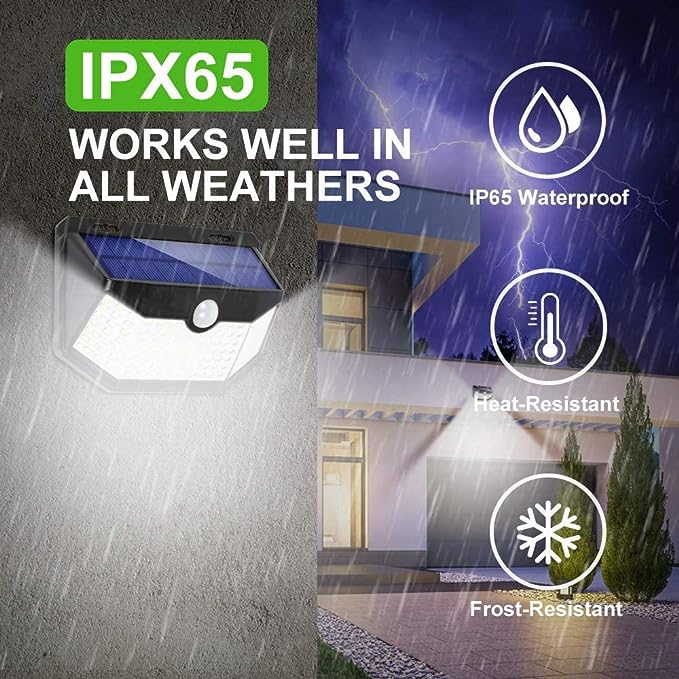 HMCITY Solar Lights Outdoor 120 LED with 3 Lighting Modes, Motion Sensor Wall Lights,IP65 Waterproof Solar Powered for Garden Patio Yard (Back Button 2Packs, Black Shell-Daylight White)