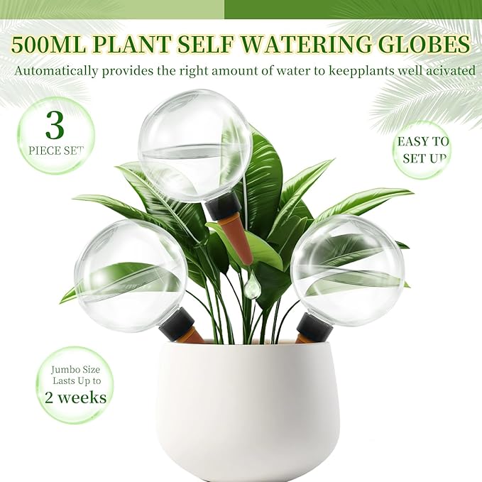 3 Pack Self Watering Globes for Indoor Plant Plastic Water Bulbs 17.5 oz Automatic Watering Planter Insert Top Fill with Slow Release Control Plants Watering Devices System, Water Spikes Stakes