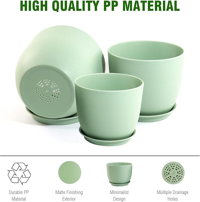 Medium Plant Pots 10/9/8 inch, Flower Pots for Indoor Outdoor Plants, Set of 3 Modern Decorative Plastic Planters with Drainage Holes and Saucers for House Porch Garden Plants, Green