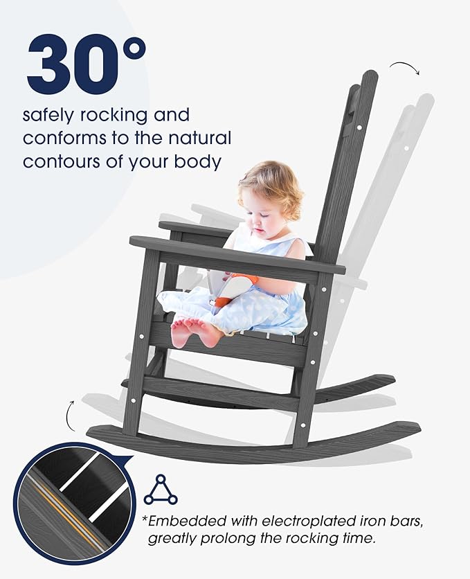 KINGYES Oversized Outdoor Rocking Chair Set of 2, All-Weather Patio Rocking Chairs for Porch, HDPE Outdoor Patio Rockers with High Back & Wide Seat for Garden, Lawn, Gray