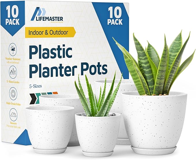White Gray Plant Pots with Drainage Holes & Saucers 10 Pack, Indoor & Outdoor Stackable Space-Saving Planters for Houseplants & Flowers, (7", 6.7", 6", 5.3", and 4.8" Inches), Durable & Weatherproof