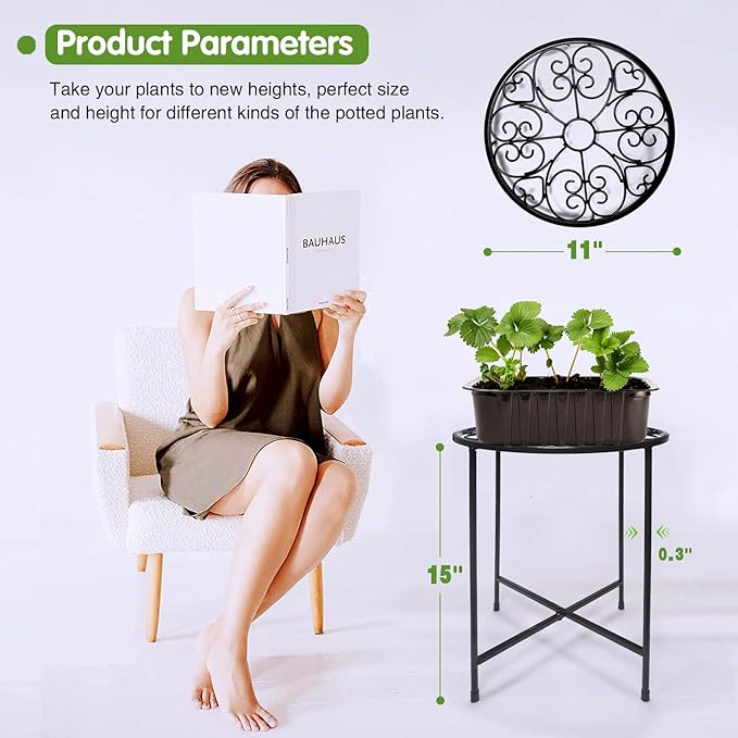 Plant Stand Indoor Outdoor, 15" Tall Flower Pot Stand, Round Metal Corner Plant Stand for Flower Pot, Rustproof Flower Plant Holder for Home, Garden, Patio, Plant Lovers, Housewarming (Set of 1)