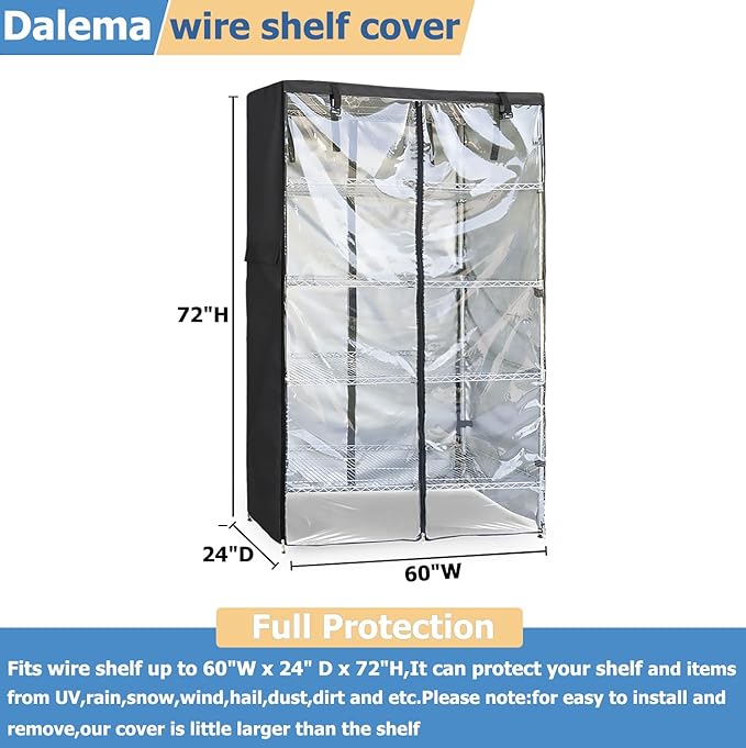 Waterproof Shelf Cover,Outdoor 600D Heavy Duty Dustproof Storage Shelves Cover,60''x24''x72'' Shelf Covers for Wire Shelving with Zippers,Storage Rack Covers with Clear Front