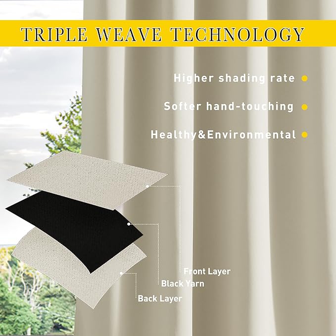 NICETOWN 2 Panels Waterproof Outdoor Curtains Fixed Grommet & Back Tab on Top & Bottom, Thermal Insulated Keep Rain & Sun Out Privacy Windproof Outdoor Draperies with Rope, W52 x L72, Beige