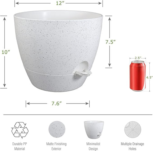 12inch 2Pack Large Self Watering Planters, Plastic Plant Pots with 60oZ Removable Deep Reservoir and Multi Mesh Drainage Holes for Indoor Outdoor Garden Plants and Flowers, White Speckles