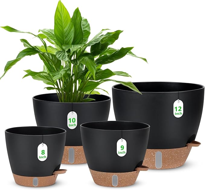 12" 10" 9" 8" Self Watering Pots with Water Level Indicator, Large Plastic Planters Set with Mesh Drainage Hole and Removable Saucer Reservoir, Big Flower Pot for Indoor Outdoor Plants (Black)