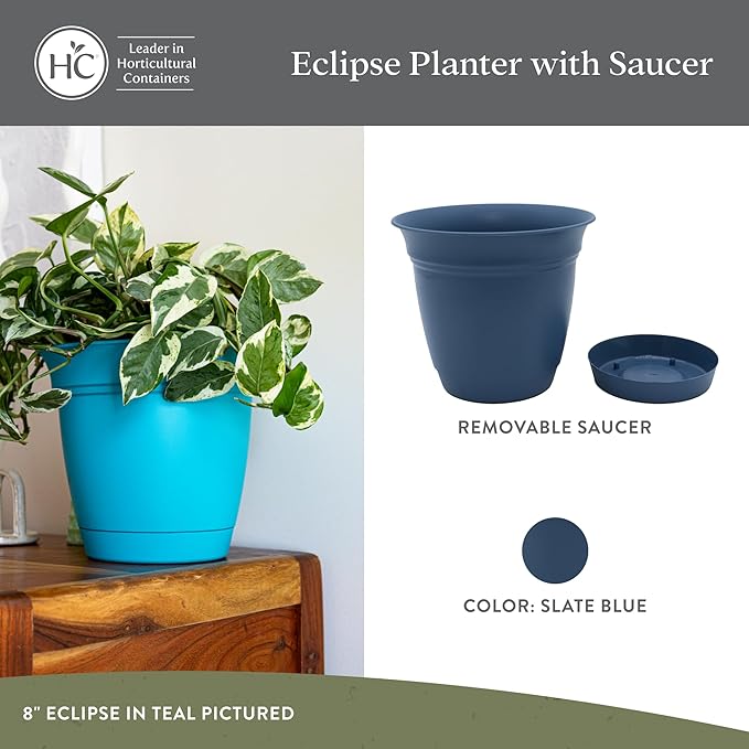 The HC Companies 16 Inch Eclipse Round Planter Pots with Drainage Holes & Attached Saucer, Lightweight UV-Resistant Plastic Indoor & Outdoor Planters, 2-Pack Flower Pots, Garden Home Decor, Slate Blue