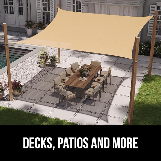 GORILLA GRIP Heavy Duty Sun Shade, UV Protection Fade Tear and Rust Resistant Rectangle Sunshade Canopy, Curved Edges Blocks Sunlight, Breathable Sail, Outdoor Patio, Lawn Garden, 8x12 FT Sand