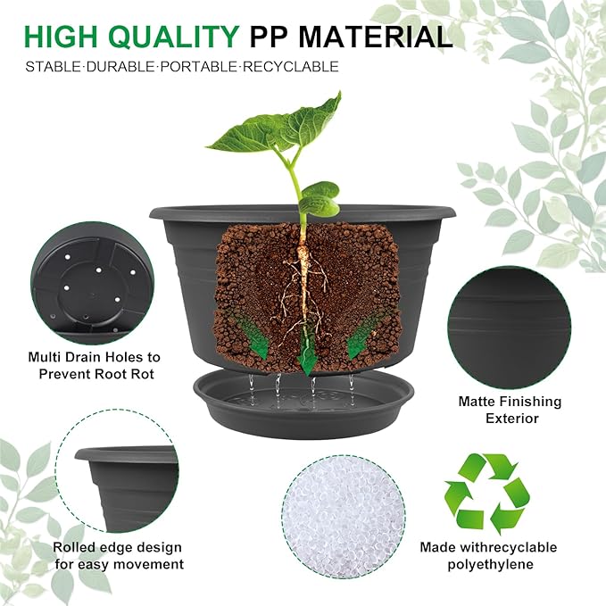 Large Flower Pots Set of 4 Pack 13 inch, Plant Pots Outdoor Planters with Drainage Hole & Tray Saucer, Decoration Plastic Pots for Plants for Indoor Outdoor Garden Home Plants Planter (Dark Gray)