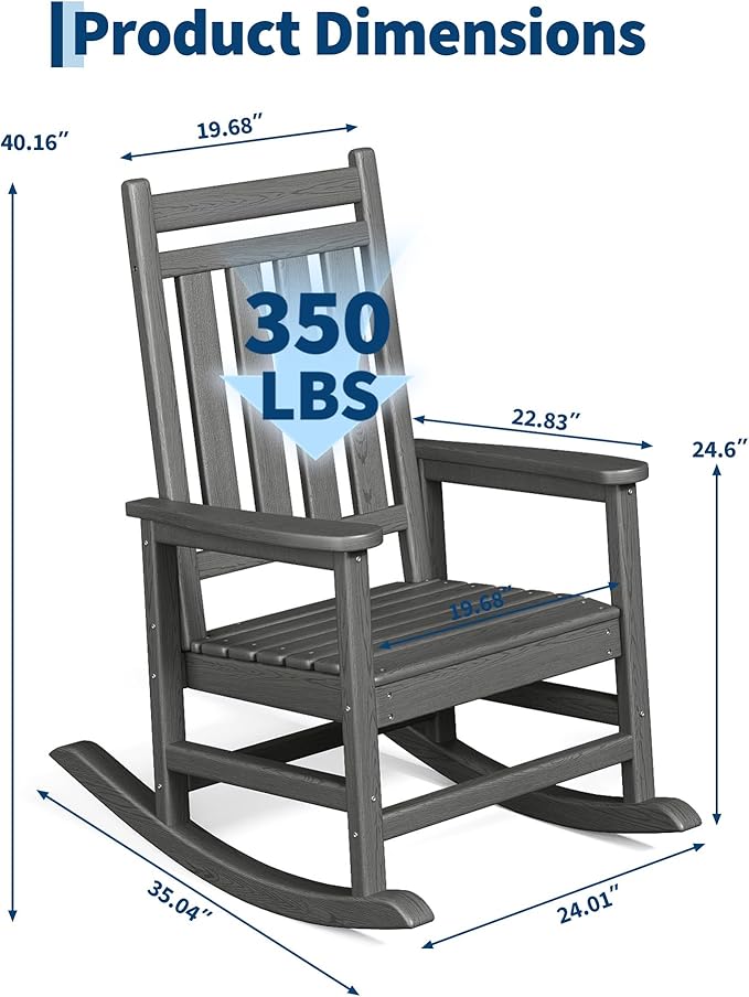 HDPE Rocking Chair Outdoor Set of 4 - Poly High Back Porch Rocker Chairs for Adults - All Weather Resistant Furniture for Patio Front Porch - Gray