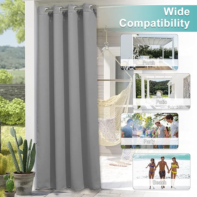NICETOWN 2 Panels Outdoor Curtains for Patio Clearance W52 by L84 inch, Rustproof Grommet Blackout Waterproof Indoor Outdoor Drapes Thermal Insulated for Cabana, Silver Grey