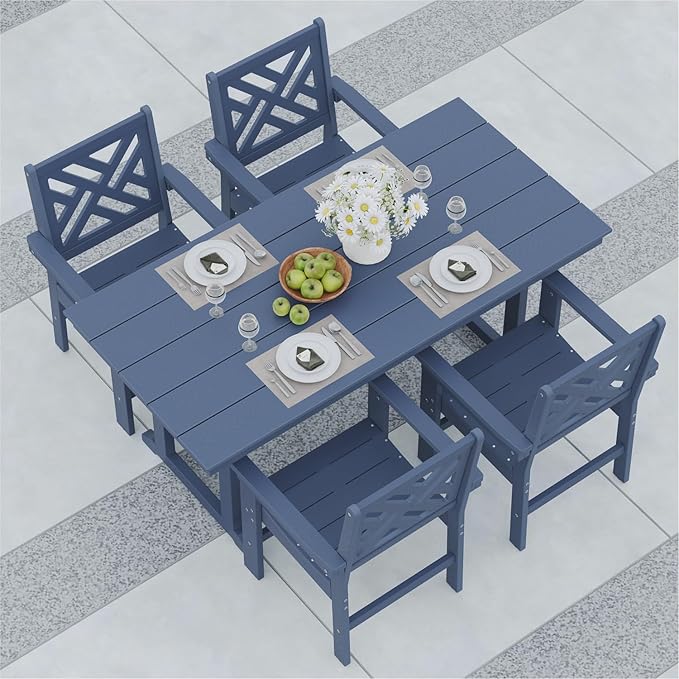 5-Piece Outdoor Dining Set, HDPE All-Weather Patio Table and Chairs Set for 4, Outdoor Patio Furniture Sets with Umbrella Hole for Outside, Deck, Backyard, Garden (Navy Blue)