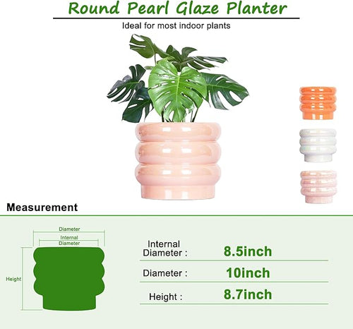 10 inch Ceramic Plant Pots for Indoor Plants, Rainbow Pearl Glaze Planter with Planters for Plants with Drainage Hole, Orchid Pots, Succulent Pot, Large Flower Pot (Pink)