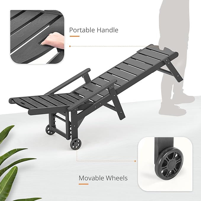 LUE BONA Chaise Lounge Chair with Table, 3-Piece, HDPS Chaise Lounger, 5 Positions Adjustable Lounge Chairs, Pool Lounge Chair with Wheels for Poolside, Backyard, Dark Gray
