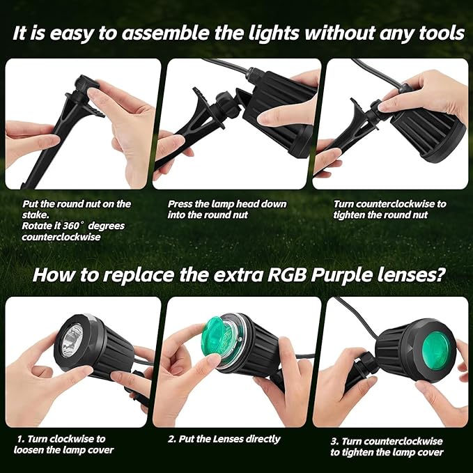 Spotlight Outdoor – 120V Plug-In, 6500K Cool White LED Landscape Lighting with RGB Purple 4 Color Lenses for Yard, Garden, Lawn & Tree Decor on Holidays&Everyday, IP67 Waterproof (4 Pack,Black)