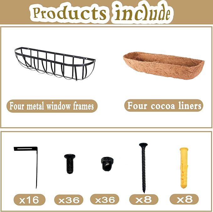 4pack 36-inch Window Sill Window Railing Planters with Cocoa Liner for Outdoor Balconies, Porches, Fences, Patio Railings