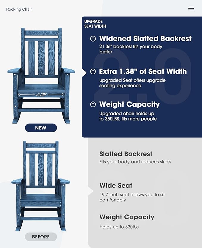 KINGYES Oversized Outdoor Rocking Chair Set of 8, All-Weather Patio Rocking Chairs for Porch, HDPE Outdoor Patio Rockers with High Back & Wide Seat for Garden, Lawn, Blue