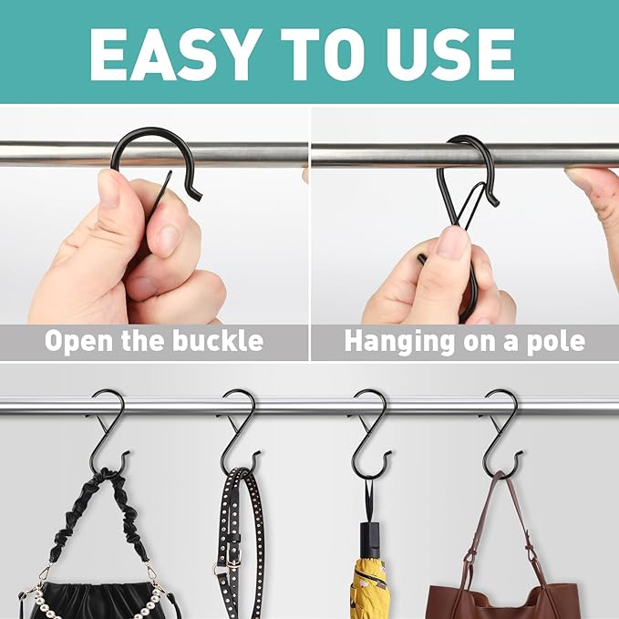 150 Pcs S Hooks for Hanging Heavy Duty, 3.5-inch Heavy Duty Metal S Hook with Safety Buckle, Suitable for 0.5 inch Rods, S Hook for Hanging Plants, Closet, Kitchen Utensil, Pot, Pan, Bags