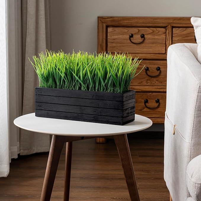 MyGift 14 Inch Artificial Green Grass Plant in Vintage Black Wood Planter Window Box, Faux Greenery in Decorative Rectangular Crate Style Wooden Container