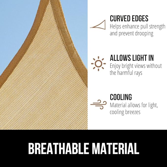 GORILLA GRIP Heavy Duty Sun Shade, UV Protection Fade Tear and Rust Resistant Rectangle Sunshade Canopy, Curved Edges Blocks Sunlight, Breathable Sail, Outdoor Patio, Lawn Garden, 12x12x12, Sand