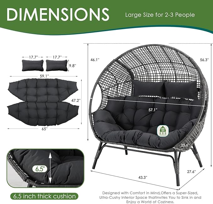 NICESOUL® Double Egg Chair Indoor Outdoor Stationary Oversized 6.5" Thick Padded Cushions,2 Person Egg Wicker Loveseat Chair,680 lbs Extra Large Lounge Chair for Patio Balcony Porch Backyard Gray