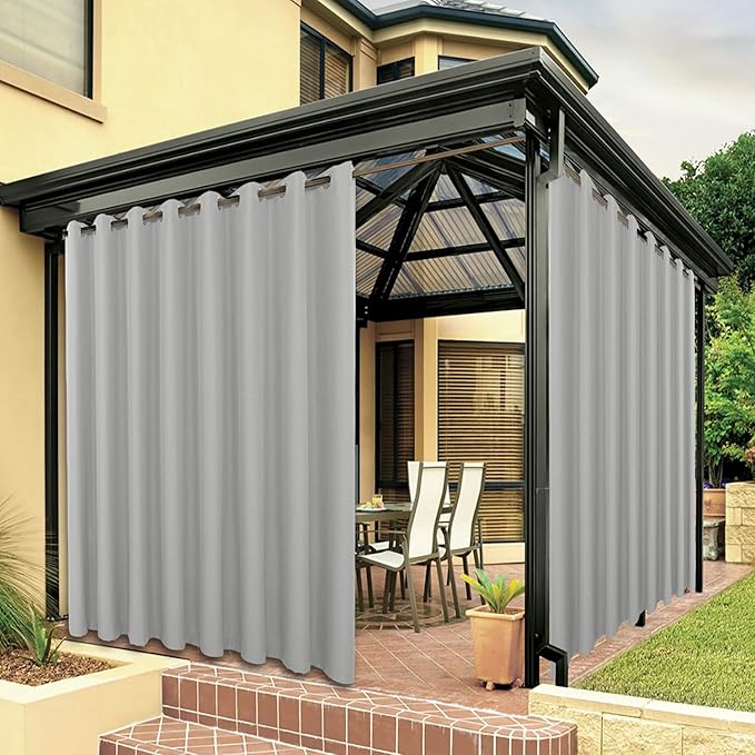 BONZER Outdoor Waterproof Curtains for Patio Extra Wide Grommet Light Filtering Outside Curtains for Gazebo, Porch, Pergola, Pavilion, 1 Panel, 150W x 84L inch, Silver