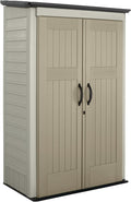 Rubbermaid Vertical Resin Outdoor Storage Shed With Floor (4 x 2.5 Ft) Weather Resistant Beige/Brown Organization for Home/Backyard/Pool Chemicals/Toys/Garden Tools/Porch/Patio Cushions
