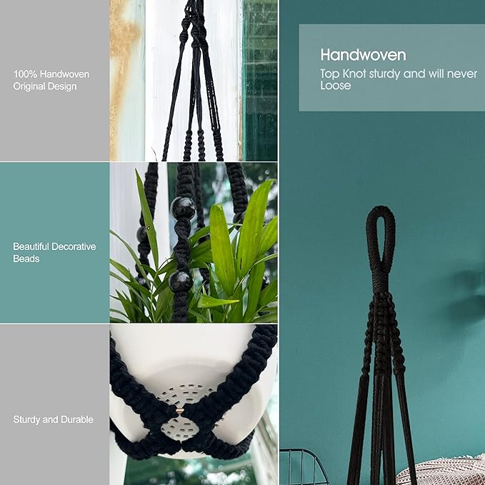 RIFNY Macrame Plant Hanger for 5 to 10 Inch Plant Pots, 35 Inch Woven Rope Hanger Kits with Hooks and Wood Beads, Hanging Planter Basket for Indoor Boho Home Decor (Black, 2 Pack)