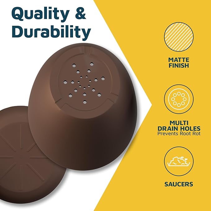 Planter Pots with Drainage Holes - Lightweight, Durable & Space-Saving Pots for Indoor and Outdoor - Versatile Functionality, Simple Modern Design, Set of 5 Plastic Planter Pots - Brown