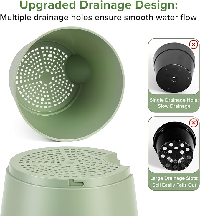 GARDIFE 2026 Upgraded Self Watering Plant Pots with Drainage Hole, 7/6.5/6/5.5/5/4 Inch Flower Planting Containers for House Plants, African Violet, Flowers, Cactus (Green, 7+6.5+6+5.5+5+4 inch)