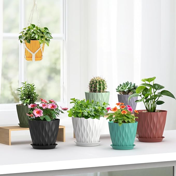 7/6.5/6/5.5/5/4.5/4 inch Plant Pots for Indoor Outdoor Plants, 7 Pack Thick Flower Pots with Drainage Holes and Saucers, Modern Wave Texture Plastic Planters Nursery Pots, Speckled Grey