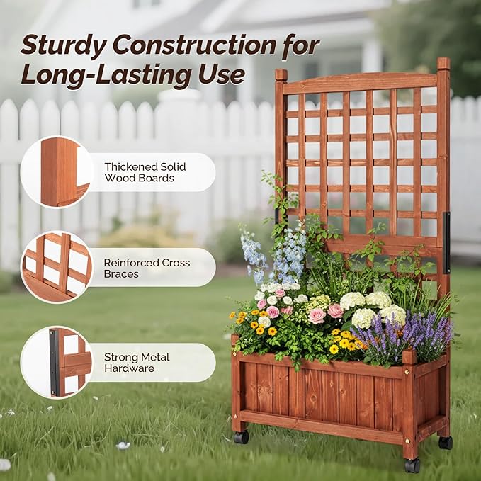 VINGLI 2PC Wooden Planter with Trellis, 50" Height Elevated Garden Beds Outdoor with Wheels, FreeStanding Planter Box with Drainage Holes for Flower, Vegetable, Fruit, Herb in Garden, Patio, Balcony