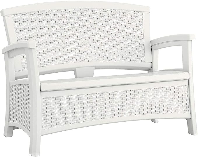 Suncast Elements Stylish Lightweight Loveseat Outdoor Seating with Convenient Built In Universal Storage, and All Weather Plastic, White