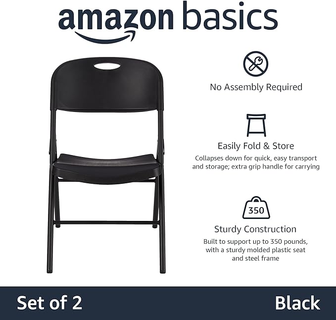 Amazon Basics Portable Folding Plastic Chair, Events Seating, Easy to Store, 350-Pound Capacity, Black, 2-Pack
