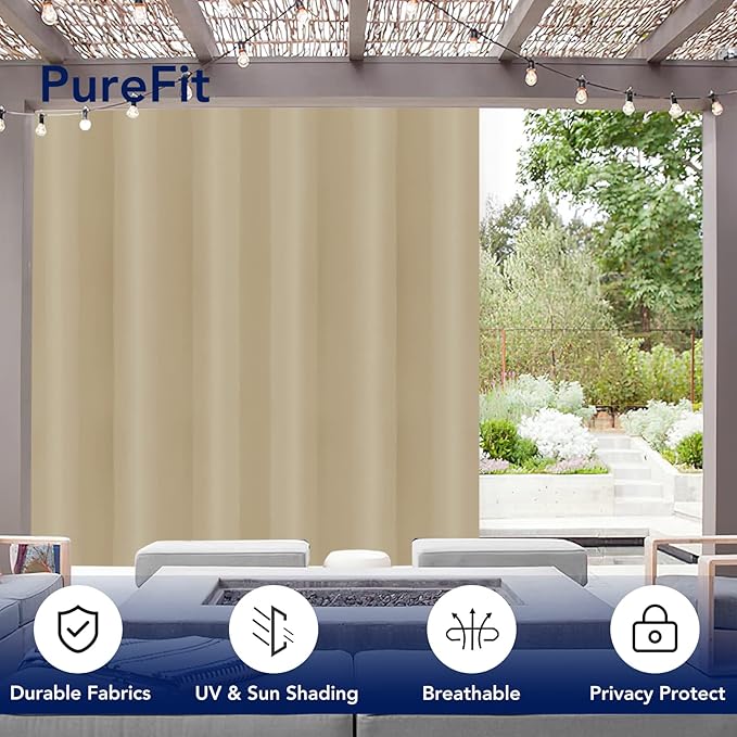 PureFit Outdoor Curtains for Patio Waterproof Weatherproof, UV and Fade Resistant Outside Curtains for Gazebo, Front Porch, Pergola, Sun Blocking Privacy Curtain, 100W x 95L inch, 1 Panel, Beige