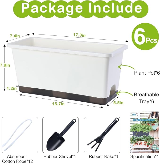 Window Box Planter 6 Pcs, 17 Inches Rectangle Flower Pots with Drainage Holes and Trays, Vegetable Planters for Windowsill Patio Garden Balcony Home Porch Yard Indoor Outdoor (Grey, 17*7.4*7.8 inch)