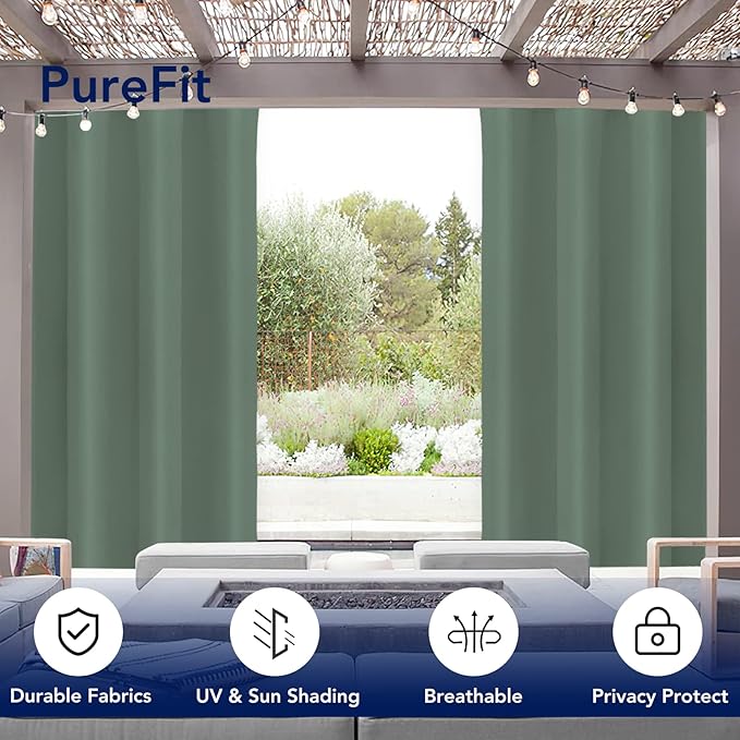 PureFit Outdoor Curtains for Patio Waterproof Weatherproof, UV Resistant Outside Curtains for Gazebo, Front Porch, Pergola, Sun Blocking Privacy Curtain, 52W x 95L inch, 1 Panel, Sage Green